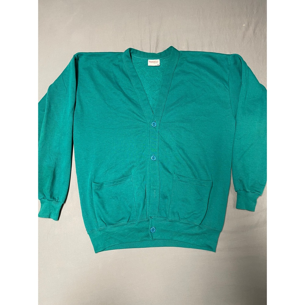 Sunbelt Sportswear Vintage Teal Green Button Front Cardigan Sweatshirt USA Made